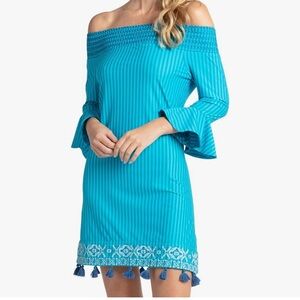Cabana Life Women’s Off-Shoulder Blue Dress with Tassel Hem XS